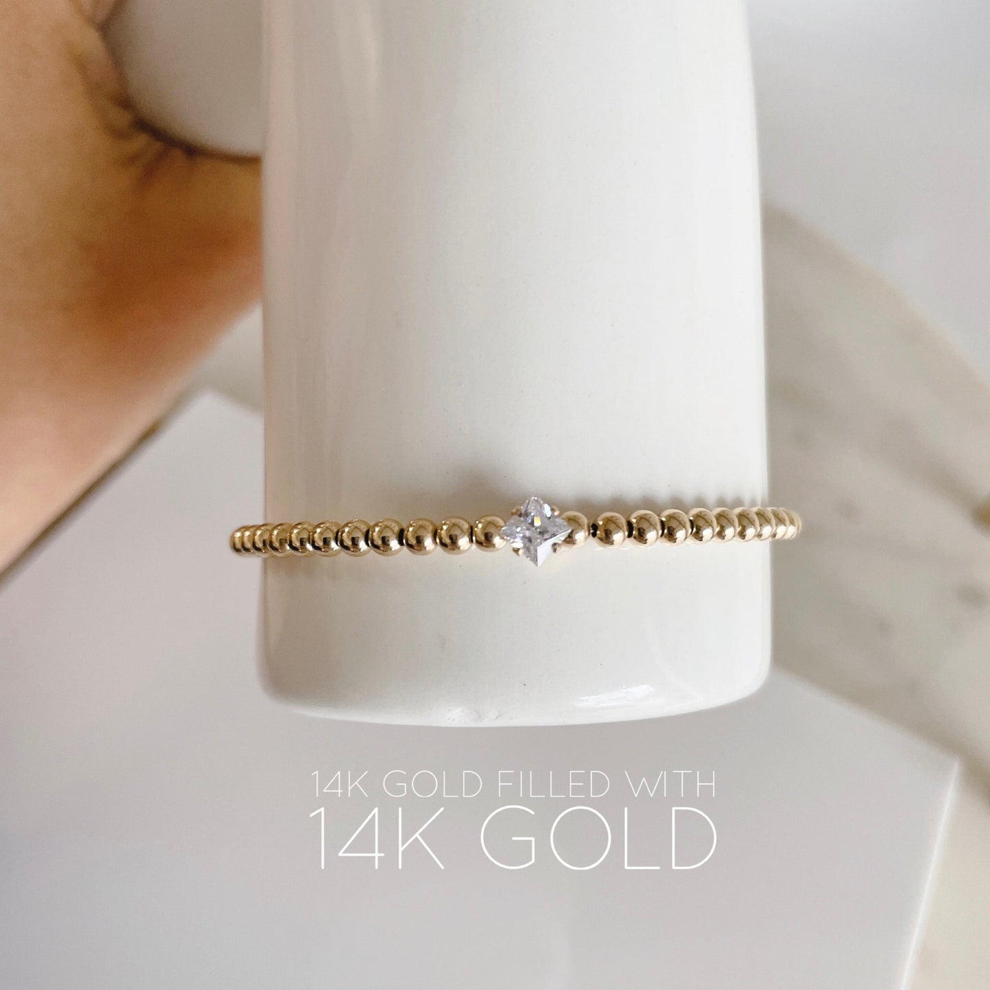14KGF 3mm Gold Beaded Solitaire Bracelet, Square Diamond CZ Point, Gold Bead Bracelet, Gold Filled Bead Bracelet 1/20 14K