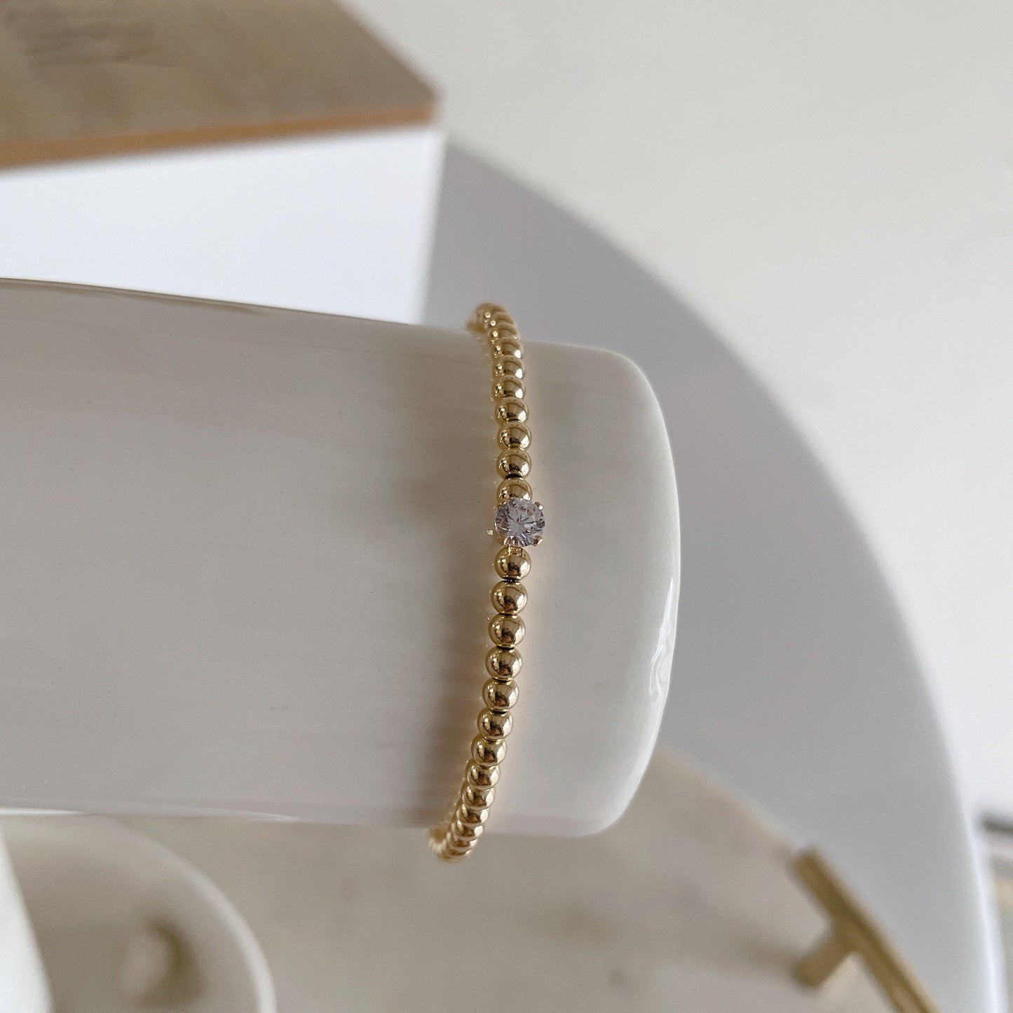 Belief Diamond Collection - 14K Gold Filled 3mm Beaded Bracelet with 0.25 ct Lab Diamond Solitaire | Double Strand Stretch Elastic Band