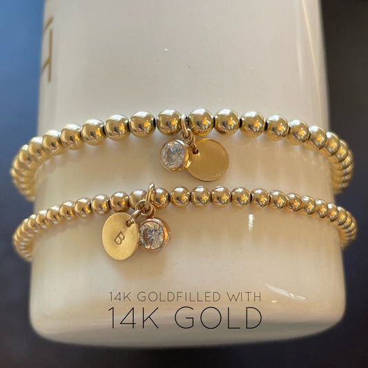 Belief Diamond Collection - 14K Gold Filled 3mm or 4mm Beaded Bracelet with Lab Diamond Drop & Personalized Disc Charm | Gold Ball Bracelet