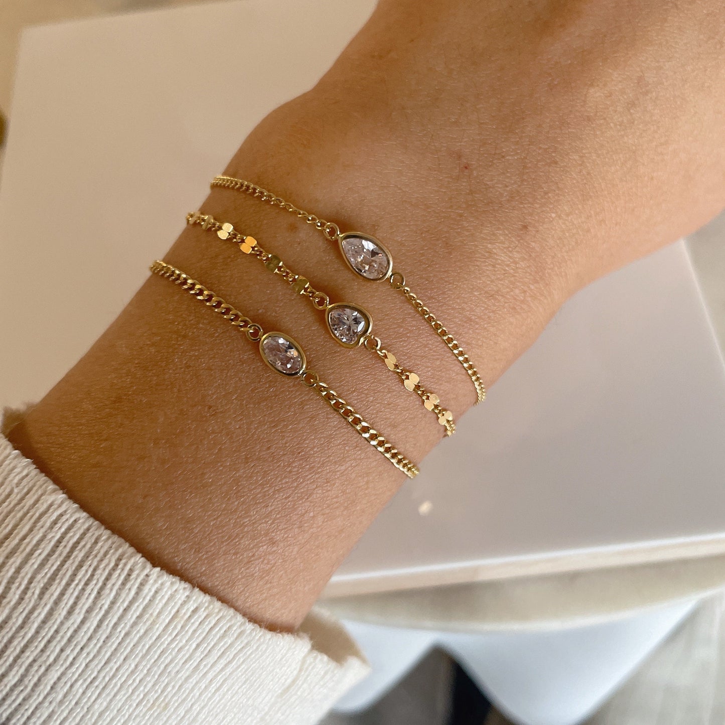 14KGF Pear CZ Solitaire Bracelet: Delicate Gold Filled Chain