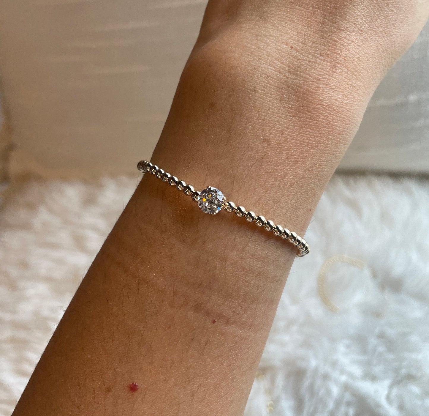Belief Diamond Collection - 14K Gold Filled Beaded Bracelet: Lab Grown Diamond Solitaire