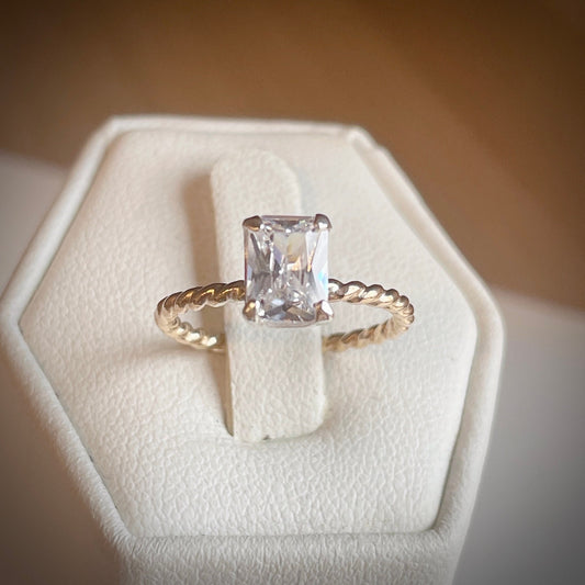 14KGF Emerald Cut CZ Ring: Twisted Band Solitaire